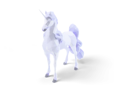 Faceted low poly white unicorn with lavender mane and tail and a long pointed horn, standing with head raised