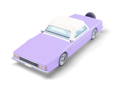 Long low lavender car with a white roof, chrome wire wheels with whitewall tires and a spare wheel behind the trunk