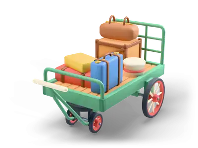 Carro de equipaje verde con ruedas de radios y maletas de colores, caja, bolsa de viaje y sombrerera