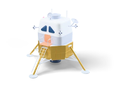 Lunar lander with white angular cabin, gold foil descent stage, ladder and four landing legs with round feet