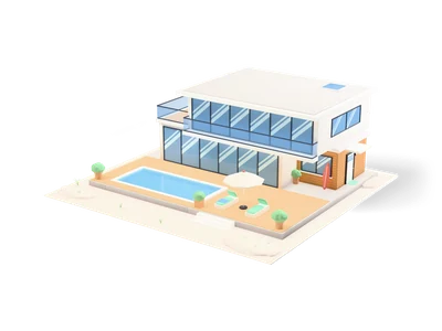 Villa de playa blanca y moderna con grandes frentes de vidrio, balcón, terraza de madera con piscina azul y tumbonas