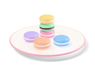 Six pastel macarons on a white plate with pink rim, three stacked and three lying in front