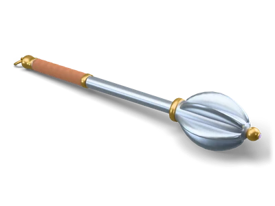 Stylized flanged mace lying on its side with six rounded steel flanges, brass top ball with a lavender gem, steel handle and brown leather grip