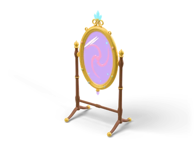 Espejo mágico ovalado con cristal lila luminoso en marco dorado con cristales cian sobre soporte de madera
