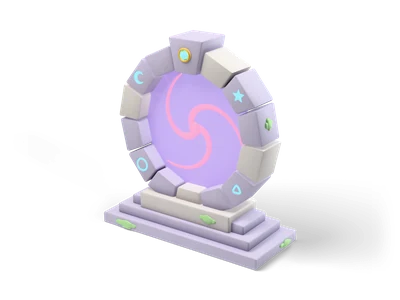 Portal redondo de piedra lila con símbolos cian luminosos y superficie rosa en espiral sobre un pedestal