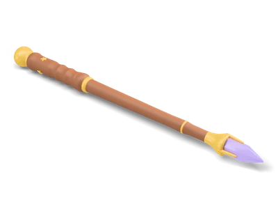 Wooden magic wand with a gold pommel and a faceted lavender crystal tip in a gold setting