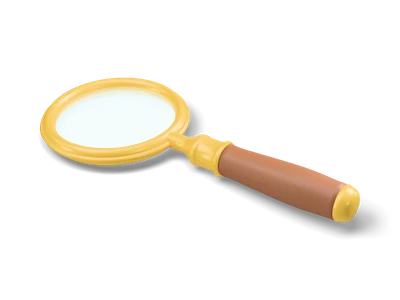 Magnifying glass with a gold coloured rim and clear lens and a brown wooden handle lying flat
