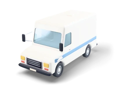 White boxy mail truck with a short nose, a light blue side stripe, a big windshield and long mirror arms