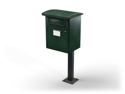 Dark green freestanding mailbox with curved roof, insert flap and locked door on a grey post