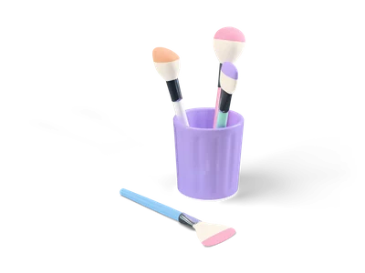 Lavender fluted cup with three makeup brushes and a fan brush lying in front