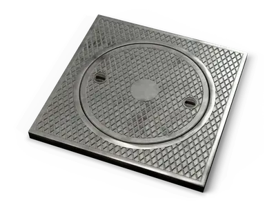 Round cast iron manhole cover with raised diamond pattern and two lifting pockets in a square frame