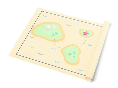 Half rolled parchment treasure map with green islands, a dashed red route and a red star