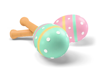 Two crossed pastel maracas, one mint and one pink, with painted stripes, white dots and wooden handles