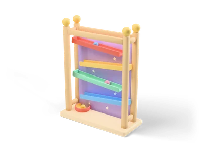 Wooden marble run tower with red, yellow, green and blue zigzag rails on a lavender star panel and a catch bowl