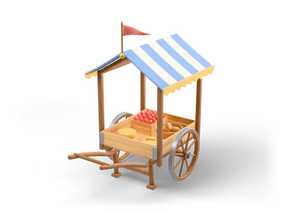 Carro de mercado de madera con dos ruedas de radios, toldo a rayas azules y crema y cajas de comida