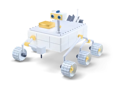 White six-wheeled Mars rover with rocker-bogie suspension, yellow camera head on a mast and folded robotic arm