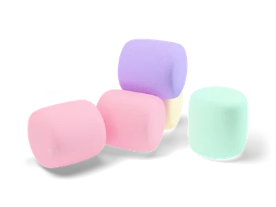 Pile of five pastel marshmallows in pink, vanilla, mint and lavender, one standing upright