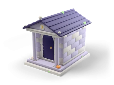 Small lilac-grey stone mausoleum with two columns, moon-and-stars pediment, iron door, candles and a pumpkin
