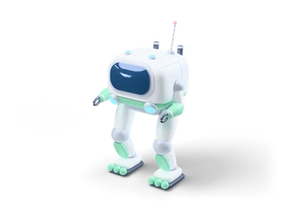 Zweibeiniger weißer Mech-Walker mit Mintplatten, runder Kabine mit großer getönter Kanzel, cyan Scheinwerferaugen und Greifarmen