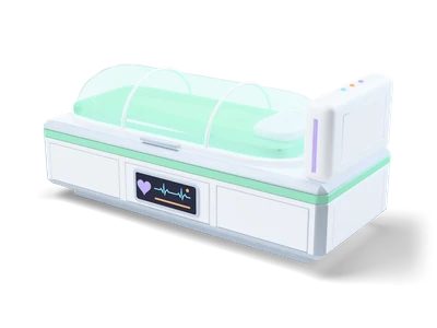 White sci-fi medical bed with a mint mattress under a clear glass canopy and a heart display on the front