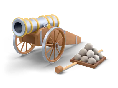Stylized gray iron cannon with gold bands on a wooden carriage with two spoked wheels, beside a stack of cannonballs