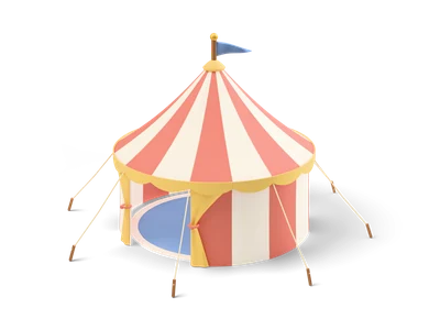 Round red and cream striped medieval tent with a yellow scalloped trim, open entrance and a blue pennant on top