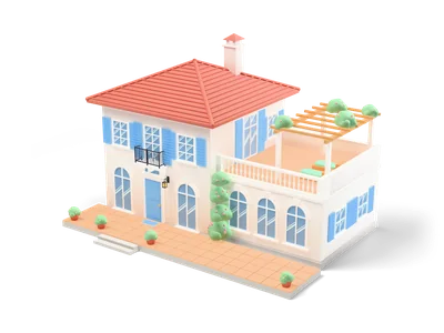 White Mediterranean villa with terracotta roof, sky blue shutters, arched doors, roof terrace with pergola and tiled front terrace