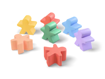 Seven small wooden game figures with round heads in red, blue, yellow, green, lilac and peach, some standing, two lying down