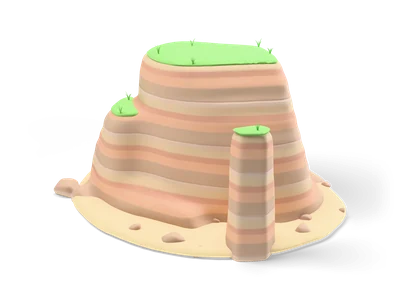 Flat topped sandstone mountain with pink and peach stripes, green grass on top and a slim rock tower in front