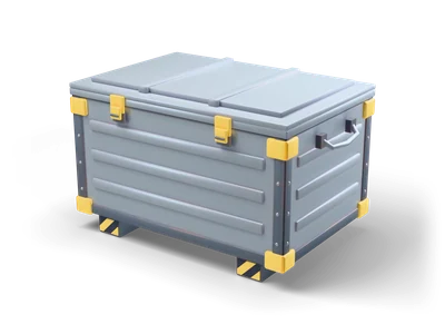 Light grey ribbed steel crate with a dark riveted frame, yellow corner guards and yellow latches