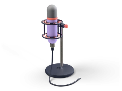 Lavender studio microphone with gray mesh grille in a shock mount with coral cords on a round dark desk stand