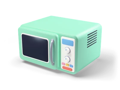 Mint green microwave with dark door window, steel handle and control panel with dials and buttons