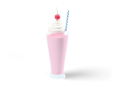Pink milkshake in a tall clear glass with whipped cream, a cherry and a striped straw