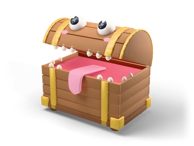 Cartoon mimic treasure chest with an open lid, big eyes, round white teeth and a pink tongue hanging out