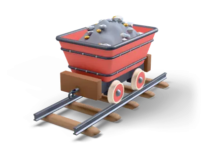 Red mine cart full of grey ore and gold nuggets on a short narrow gauge track