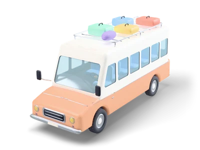 Peach and white minibus with many side windows and a chrome roof rack with colorful suitcases