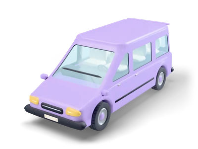 Lavender minivan with a tall roof, light blue windows, cream seats inside and a sliding door on the side