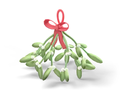 Hanging mistletoe bunch with green oval leaves, white berries and a red ribbon bow