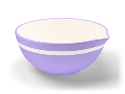 Lavender stoneware mixing bowl with a white band, cream inside and a small pouring lip