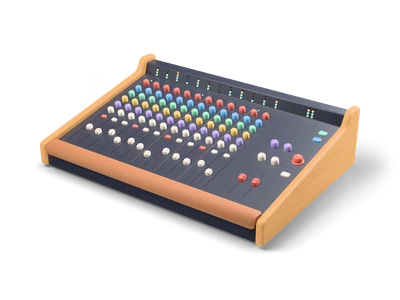 Analog mixing desk with dark sloped surface, many colorful knobs and faders, LED meters and light wooden side panels