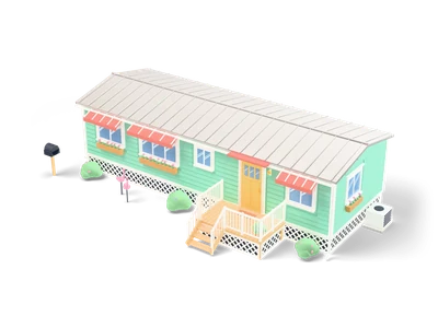 Mint single-wide mobile home with coral window awnings, white lattice skirting, wooden deck with steps and pink lawn flamingos