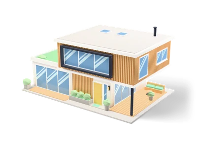 Modern flat-roofed house with white ground floor, wood-clad cantilevered upper floor, large glazing, green roof and yellow door