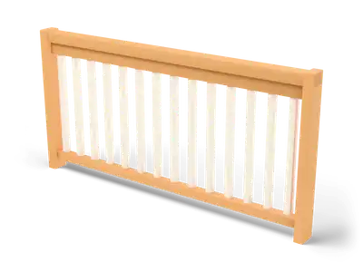 Straight honey wood railing with a handrail and fourteen cream white balusters between two half posts