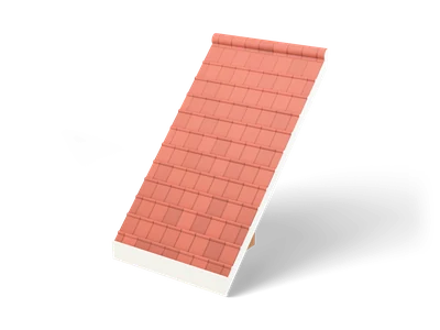 Sloped roof segment covered in coral tiles with a half ridge roll on top and a white fascia board