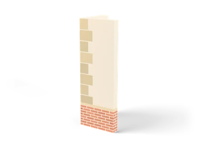 L-shaped cream plaster corner wall with stacked sandstone quoins and a coral brick plinth wrapping around