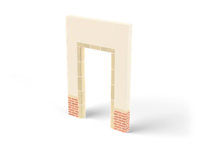 Cream plaster wall with an empty rectangular door opening framed in sandstone above a coral brick plinth