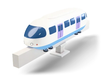 Weißer Einschienenbahn-Wagen mit himmelblauer Schürze, dunkelblauen Fenstern und lavendelfarbenen Türen auf Betonträger
