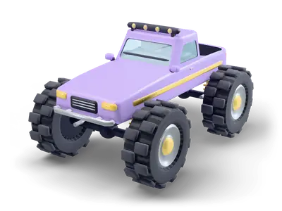 Lavender pickup truck lifted high on four giant black lug tires with yellow springs and a roof light bar