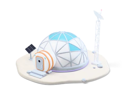 Geodätische weiße Mondbasis-Kuppel mit grauen Rippen und cyan Glasdreiecken, Schleuse, Antennenmast und Solarpaneel auf Kraterboden