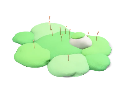 Flat green moss cushions in three shades with a grey stone half covered in moss and thin spore stalks